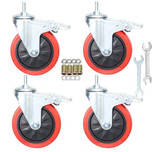 Heavy Duty Stem Caster Wheels M10-1.5X25mm Dual Locking No Noise PVC Threaded Stem Caster Wheels Pack of 4 for Workbench, Dolly, Furniture (5 Inch, Red)