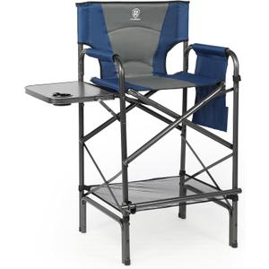 EVER ADVANCED Tall Folding Chair 30.7" Seat Height Directors Chair High Foldable Bar Stool for Makeup Artist Face Painting with Side Table Cup Holder and Storage Pocket Supports 350LBS (Blue/Grey)