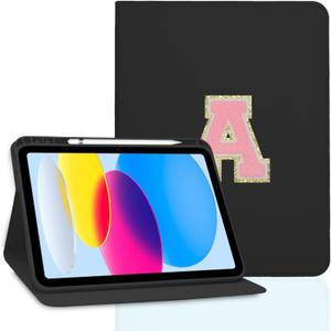 TopPerfekt Case for iPad 11th (A16) 11-inch 2025 / iPad 10th Generation 10.9-inch 2022, Initial Chenille Letter Suture, Cute Case with Auto Sleep/Wake, Support Touch ID, Pencil Holder (Black, A)