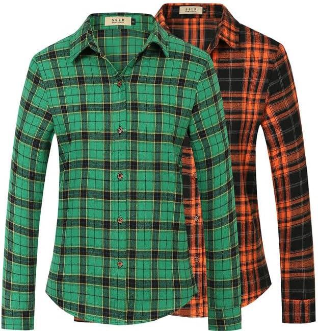 SSLR Flannel Shirts Womens Long Sleeve Button Down Plaid Shirts Casual (X-Large, Green and Orange Black Flannel)
