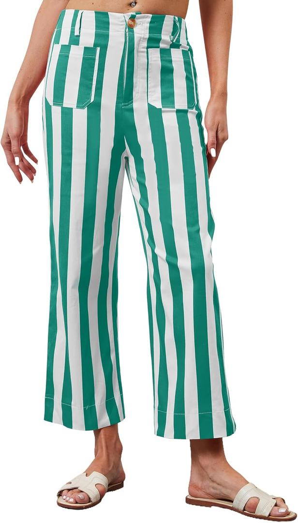 Womens Cropped Striped Jeans High Waisted Strechy Wide Leg Capri Jeans Straight Flare Ankle Denim Pants with Pockets (Large, Green)