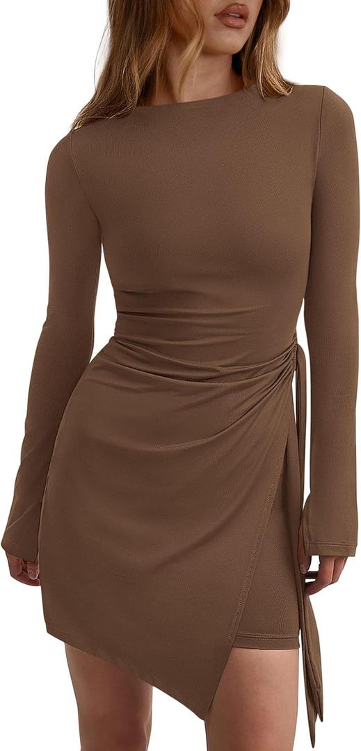 PRETTYGARDEN Women 2025 Mini Bodycon Dresses Long Sleeve Ruched Fitted Short Night Out Trendy Party Club Outfits Fall Clothes (X-Small, Brown)