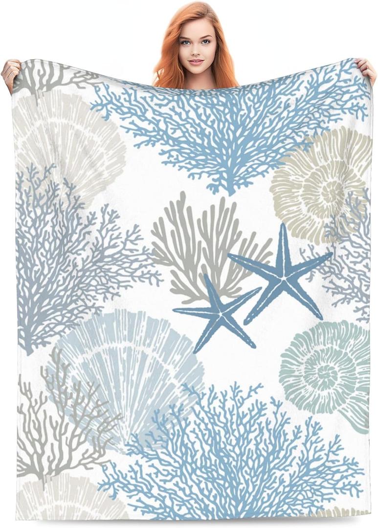 Nautical Coastal Blanket Starfish Seashell Coral Beach Themed Throw Blankets Gifts for Adults Sea Ocean Theme Lightweight Soft Fleece Cozy for Sofa Couch Bed Room Birthday Decor 40x50in