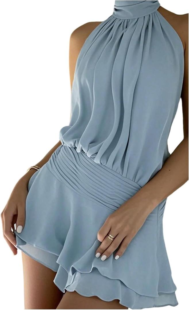 Floerns Women's Summer Mini Dress Sleeveless Halter Backless Ruched Date Night Layered A Line Dresses (Blue)