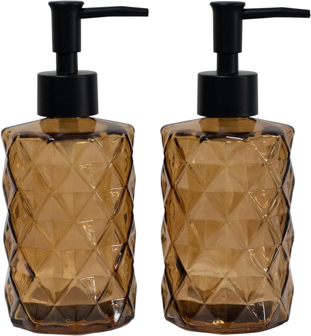Brown Glass Soap Dispenser with Black Plastic Pump, 12oz Refillable Liquid Hand Soap Dispenser, 2 Pack Crystal Lotion Bottle for Modern Home Decor, Bathroom, Kitchen Countertop, Hotel (Brown)