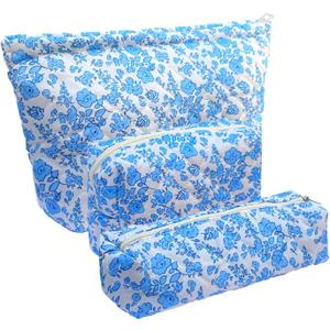 3 Piece Blue Quilted Floral Makeup Bag Set Small Cosmetic Bag For Women Cute Cotton Makeup Pouch For Purse