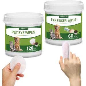 Pet Eye and Ear Wipes Kit for Dogs and Cats | 120 Extra-Thick Tear Stain Remover Wipes & 60 Large Finger Wipes for Ear Cleaning | Stop Itching, Infections, Remove Discharge & Crust, Coconut Scent