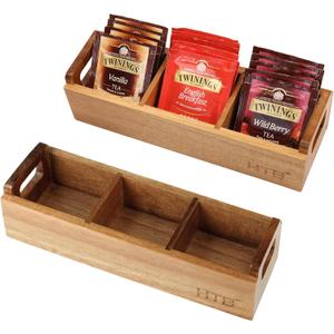 HTB Small Wooden Tea Bag Box 2PCS, 3 Compartments Acacia Wood Tea Bag Chest with Handle, Mini Countertop Divided Storage Container for Beverage Supplies, Sugar, Sweeteners, Individual Packets