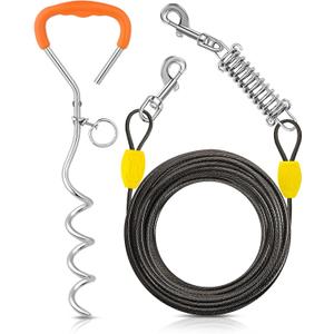 Petbobi Dog Tie-Out Cable and Stake - 40ft Heavy Duty Cable with Spring, No Tangle, 16in Ground Stake, Ideal for Yard, Camping and Beach, Suitable for Medium to Large Dogs Up to 120 lbs, Black