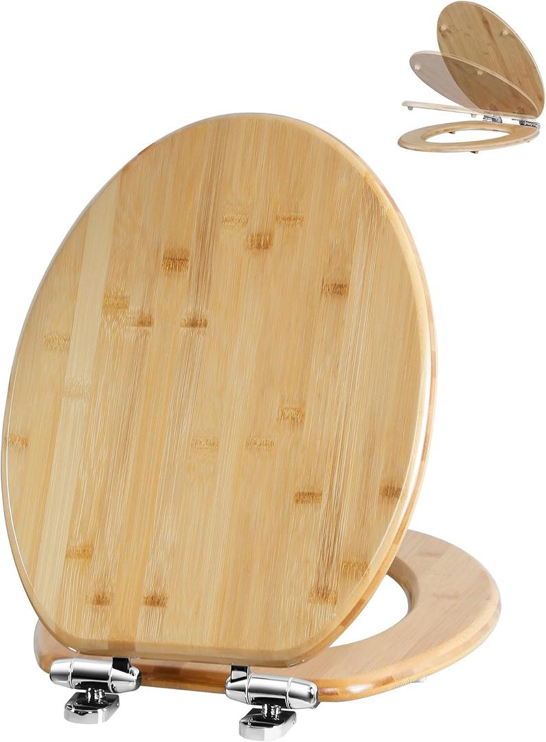 Angol Shiold ELONGATED Bamboo Toilet Seat with Quick Release Soft Close Adjustable Zinc Alloy Strong Hinges, Light, Easy to Install & Clean, Up to 400 lbs (Elongated 18.5", Natural Bamboo)