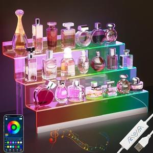16” Acrylic Display Organizer with LED Light - 3 Tier Perfume Stand and Display Step Shelves Holder, Cologne Organizer for Men, Figures Stand, Porta Perfumes Para Tocador, Clear Riser, Dessert Shelf