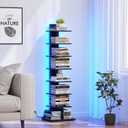 TUTOTAK Narrow Bookshelf, 8-Tier Bookcase with LED Lights, Spine Book Shelf for Small Space, Corner Standing Shelf for Living Room, Office, Study, Entryway, Black BS06BK008L