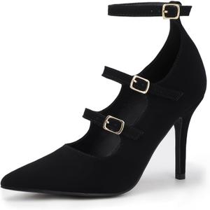 IDIFU IN4 Women's Pumps High Heels Dress Shoes for Women Closed Toe Strappy Heels Wedding Comfortable Dressy Formal Stiletto Ankle Strap Pointed Toe Three Strap Heels Pump Shoes (7, Black Nubuck)