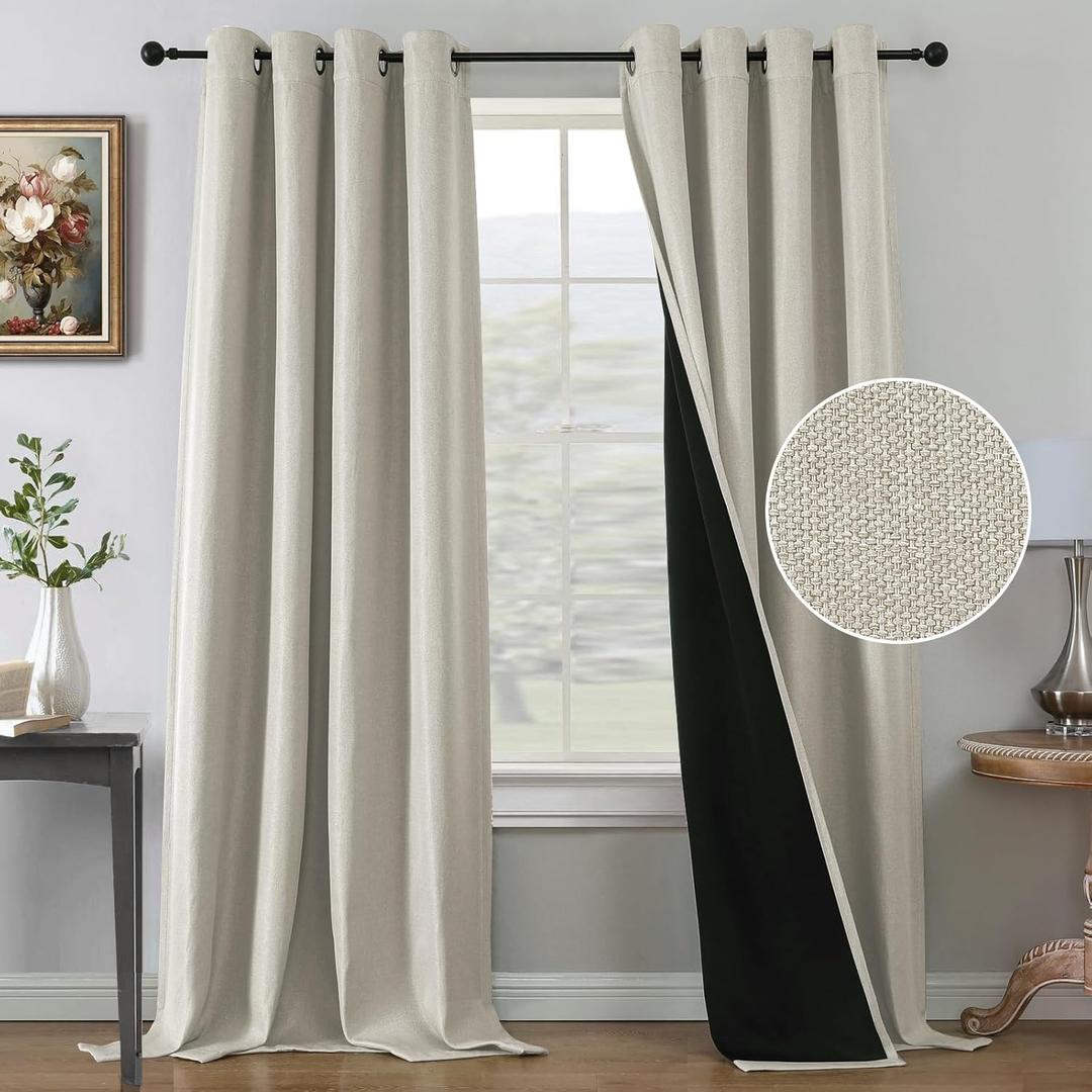 H.VERSAILTEX Farmhouse Boho Curtains for Living Room, 90% Blackout Curtain for Bedroom Energy Efficient, 96 Inch Long Windows Grommet Curtains, Burlap Textured 2 Panels, W52 x L96in, Heather Natural