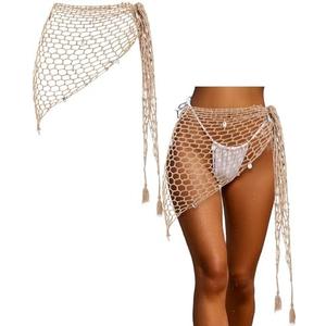 Geyoga Women Crochet Cover-ups Skirt Triangle Shawl Mermaid Skirt Hollow out Swimwear Shell Beach Fishnet Wrap size S
