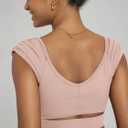 ODODOS Ruched Front Crop Tank for Women V-Neck Cut Out Back Cap Sleeve Cropped Tops, Dusty  (Pink, XL)