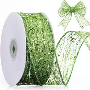 Geosar 1 Roll Lime Green Mesh Glitter Ribbon 1.5 Inch x 20 Yard Christmas Glitter Sheer Metallic Wired Ribbon for Home Party Gift Wrapping Wreath DIY Crafts Xmas Tree Decor