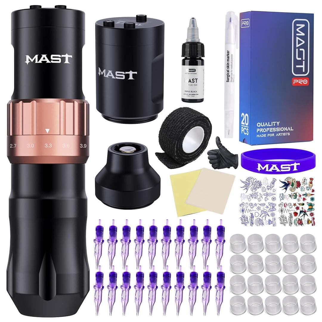 Mast Fold2 Tattoo Gun Kit, Wireless Complete Tattoo Kit, 7 Strokes Length Tattoo Machine, 2 Batteries Power Supply, Pro Tattoo Needles Cartridges Black Inks QP-047