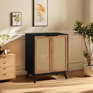 EFURDEN Storage Cabinet with Rattan Decorated Doors, Black Kitchen Buffet Cabinet with Storage, Bathroom Storage Floor Cabinet with Large Storage Space