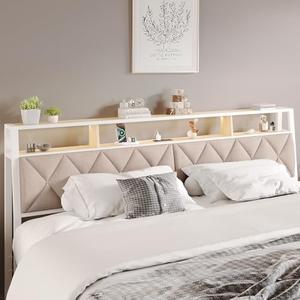 Salamir King Headboard Only, Headboard for King Size Bed with Storage, Upholstered Headboards with LED Lights & Charging Station, Attach Frame, Ideal for Bedroom/ Dorm/ Guest Room, White & Beige