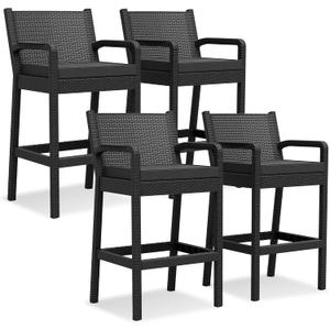 Patio Wicker Bar Stools Set of 4, 30'' Outdoor Counter Height Barstools with Thickened Cushions, All-Weather Wicker Rattan Bar Chairs with Backrest & Footrest for Backyard, Pool, Balcony, Black