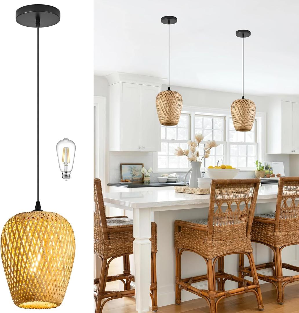 Wicker Pendant Lights Bamboo Pendants Light Boho Chandelier Rattan Pendant Wicker Light Fixture Woven Pendants Lights for Kitchen Island Living Room Dining Room (Bulb Incl.)