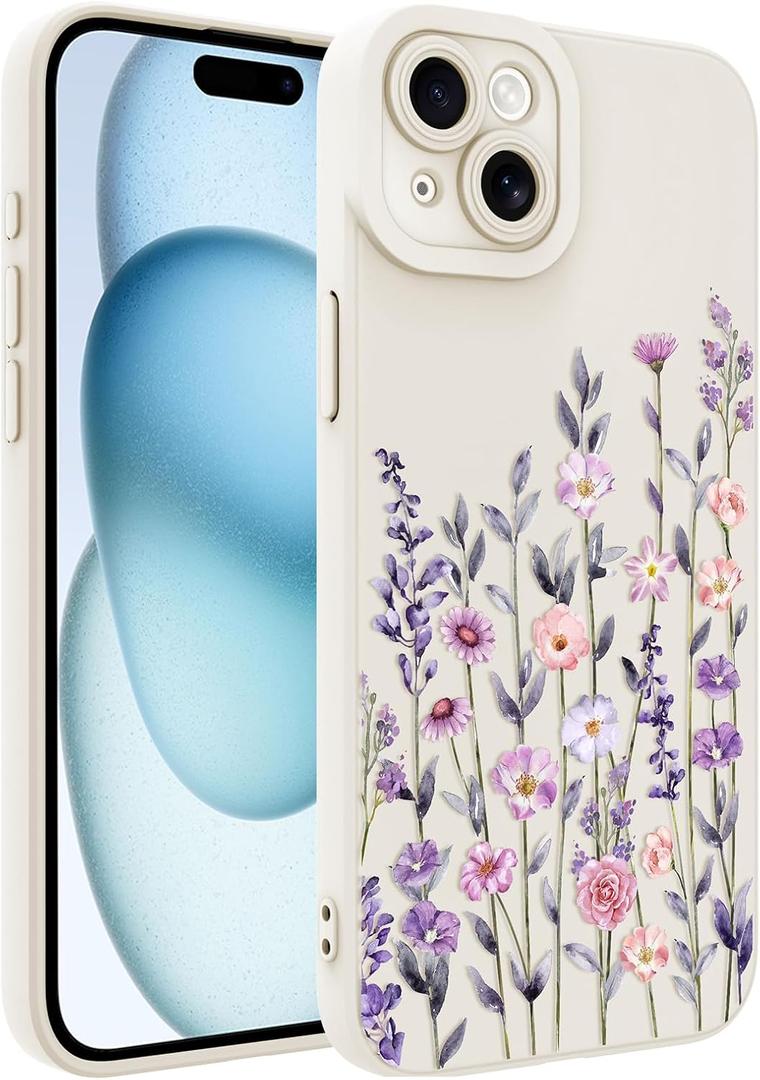 Fsoole Designed for iPhone 15 Plus Case, Cute Flower Floral Pattern Design, Slim Soft TPU Liquid Silicone Protective Cover for Women Girls - White