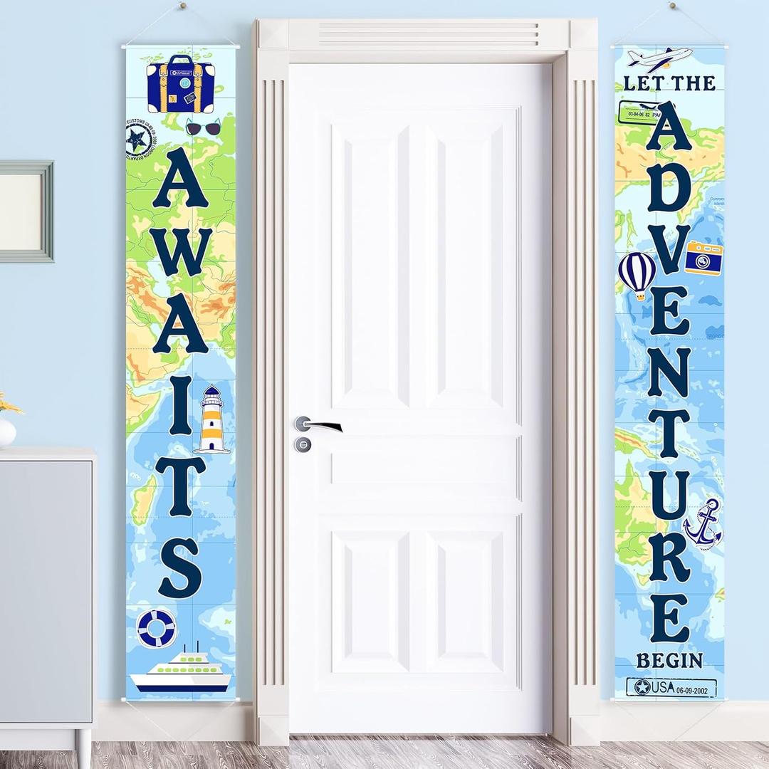 Adventure Awaits Bon Voyage Banner Garland Party Decoration Set Travel Themed Porch Sign Adventure for Indoor/Outdoor Retirement Moving Relocation Travel Wedding Bachelorette Party Decorations (Blue)