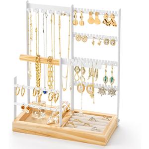 DreamGenius Jewelry Organizer Stand with Velvet Ring Holder, 4 Tier Jewelry Holder Organizer with 11 Hooks for Necklaces and 132 Holes for Earrings, White