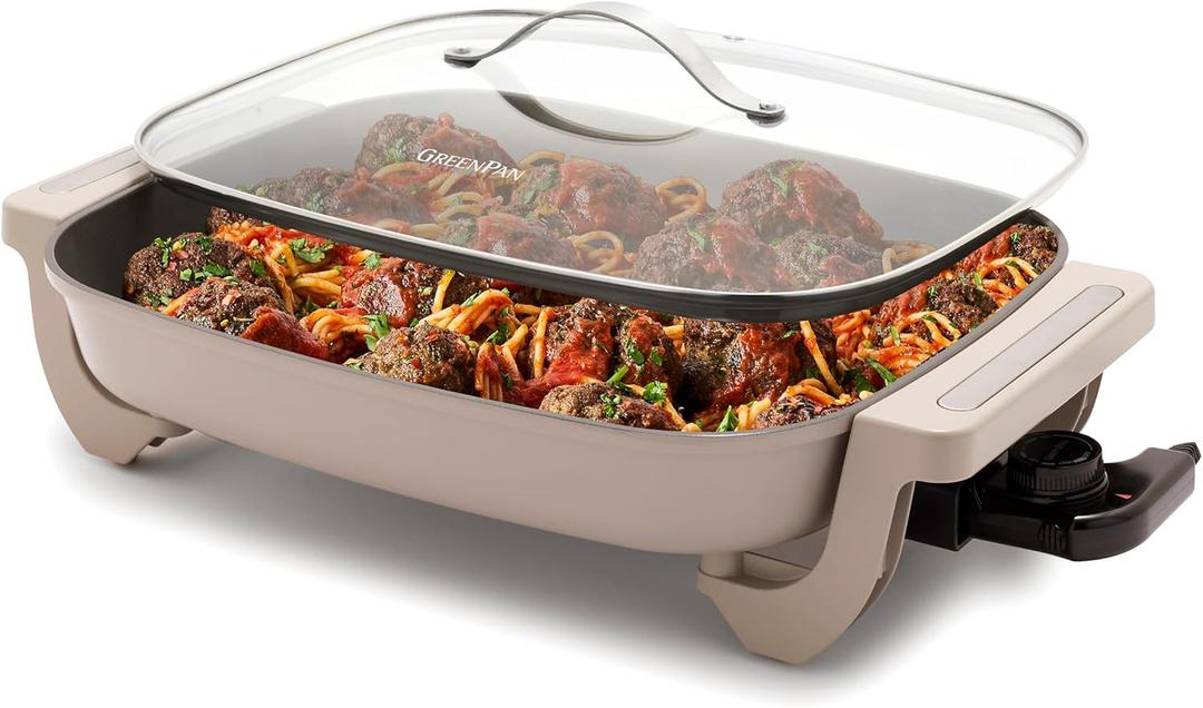 GreenPan Advanced 12 X 15 Electric Skillet with Lid, 7QT Capacity for Family Meals, Healthy Ceramic Nonstick PFAS-Free Coating, Fry, Saut, Steam, Simmer, Sear, Stir Fry, Dishwasher Safe, Clay (Taupe)