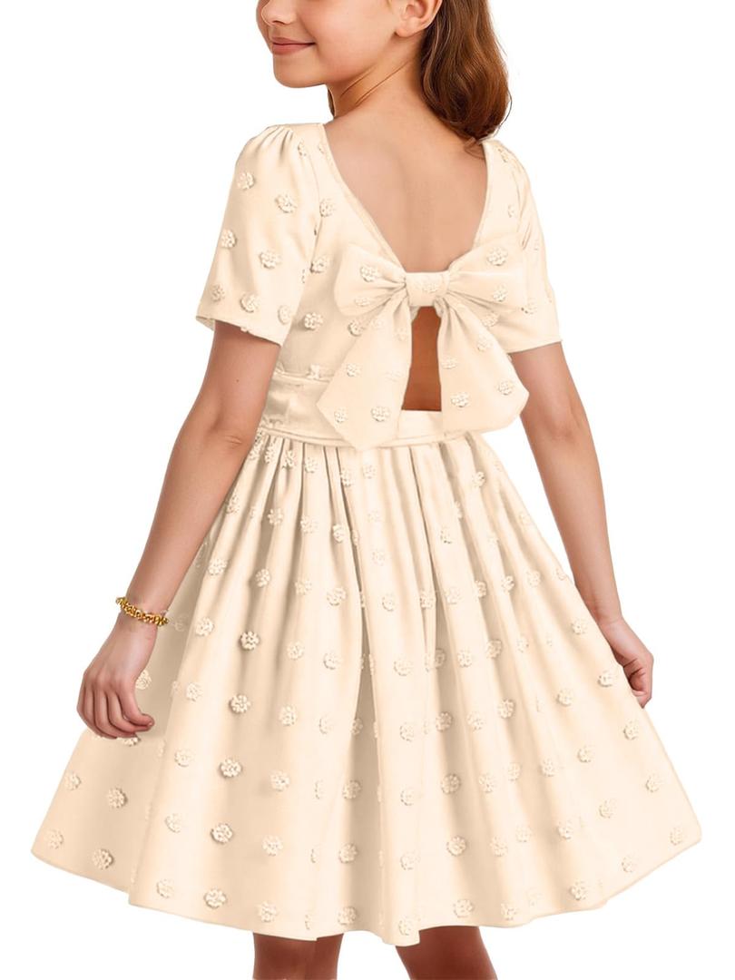 Putysenxi Girls Dresses Tie Back Swiss Dot Short Sleeve Square Neck Casual Spring Summer Teens Princess Midi Dress Champagne, (9-10Y)