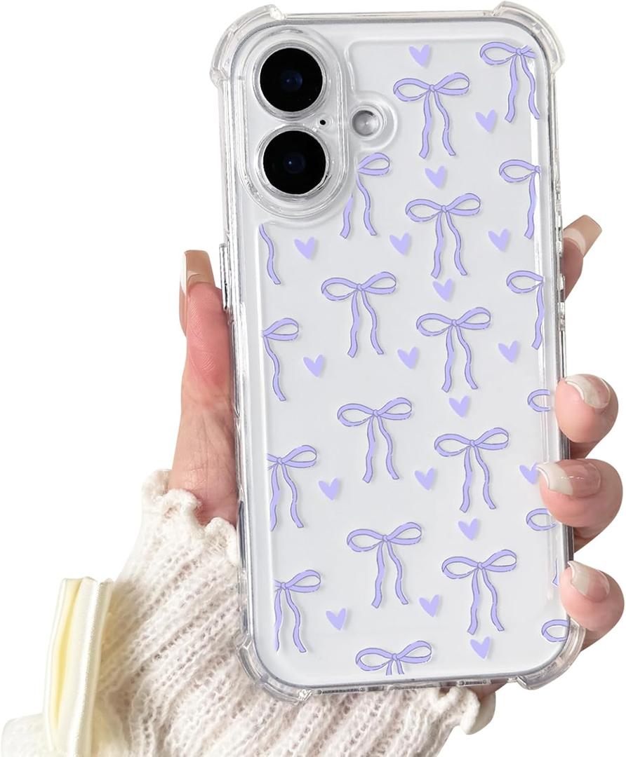 Lovmooful Compatible for iPhone 17 Case Clear Cute Bowknot Heart with Four Corners Shockproof Design for Girls Women Soft TPU More Protective Girly for iPhone 17 Case-Purple Bow