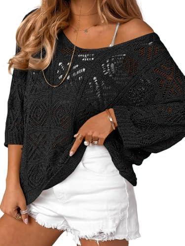 Saodimallsu Womens Crochet Cover Up Top Summer 3/4 Sleeve Off Shoulder Sweater Shirts Mesh Boho Beach Swimsuit Coverup M