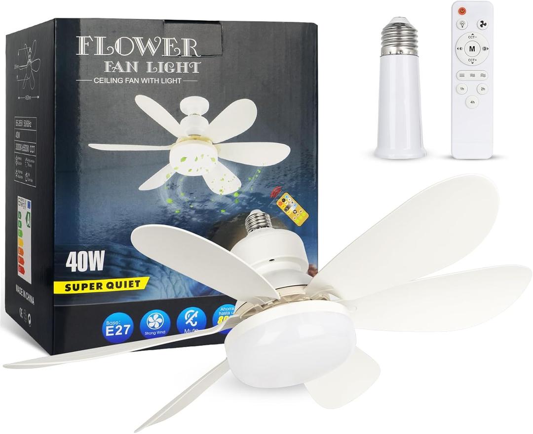 Socket Fan Light, 20.5IN Light Bulb Fan with Remote Dimmable, Screw in Fan and Light Combo for Garage Kitchen Bedroom Balcony Living Tools Store Laundry Room (White)