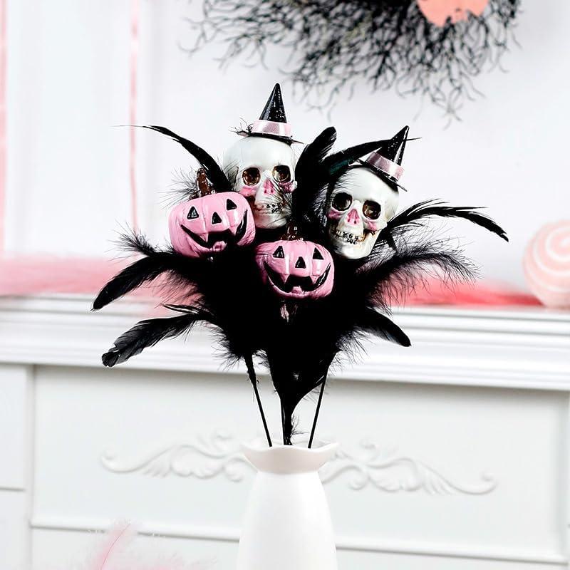 4Pcs Halloween Artificial Faux Flowers Picks Black Feather Branches with Pink Pumpkin Skull Bouquet Arrangements Halloween Indoor Decorations Home Parties Table Decor