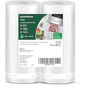 Bonsenkitchen Vacuum Sealer Bags, 8" x 50' Rolls 2 pack for Food Storage Saver, Bpa Free, Heavy Duty, Commercial Grade Textured Food Roll, Customized Size Bag for Sous Vide Cooking,VB3209