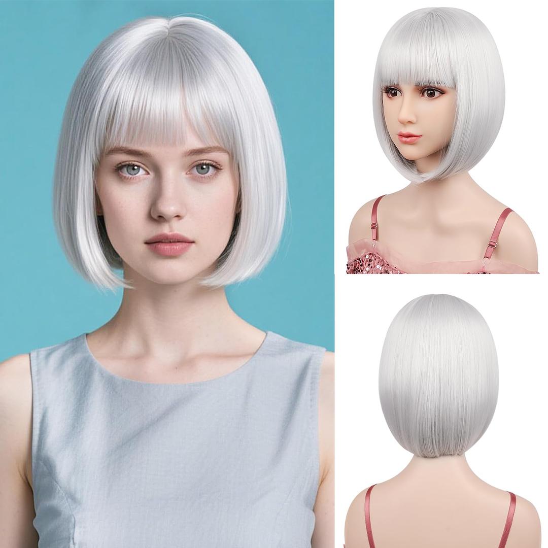 Silver Bob Wig with Flat Bangs Short 12 Inch Wigs Include Wig Cap Heat Resistant Synthetic Fiber Colorful Wigs I for Halloween Costume Party Use (Silver)
