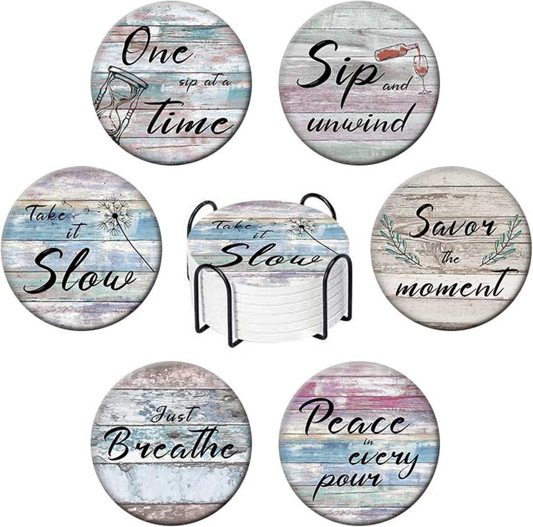 Absorbent Round Marble Coasters Set of 6 with Holder & Cork Backing, Funny Sayings Ceramic Home Decor for Housewarming Gifts, Modern Aesthetic Accessory for Coffee Drinks Table Outdoor House Office (Purple)