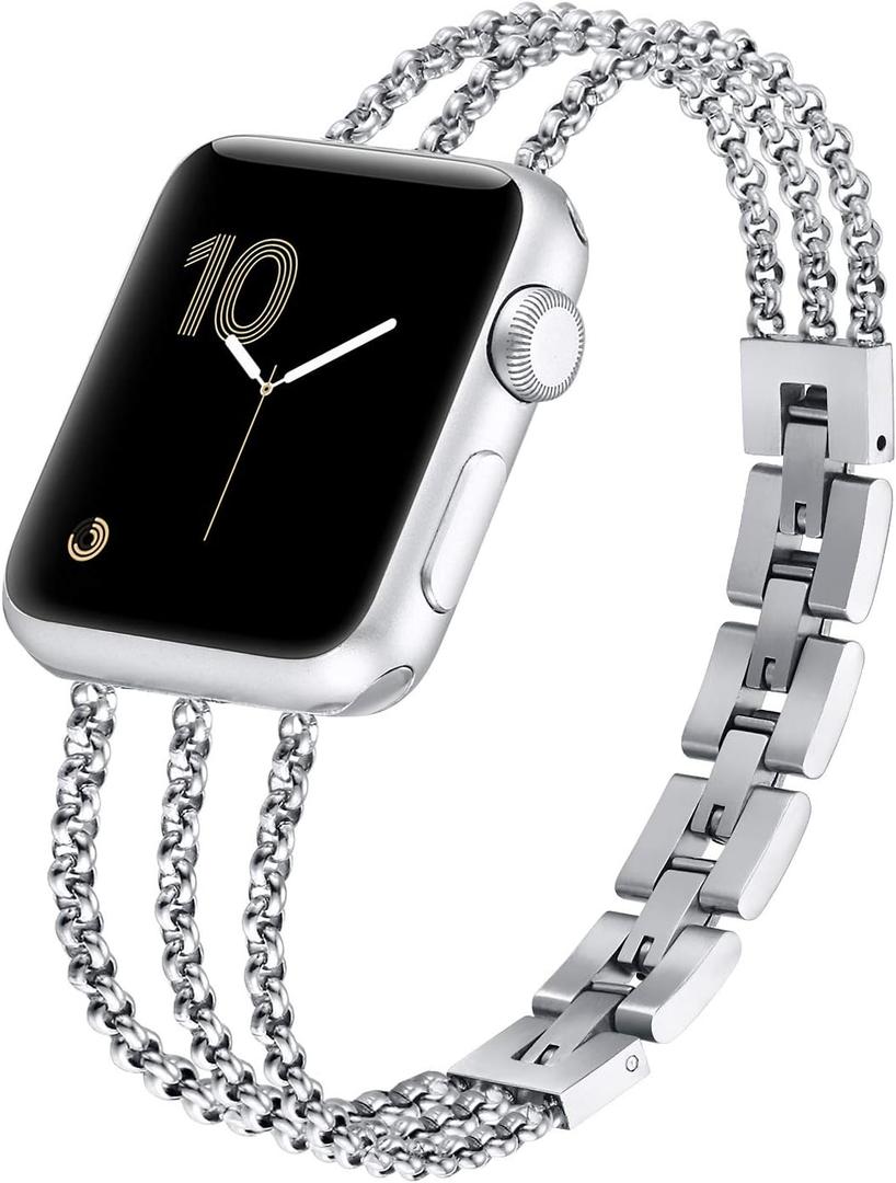 fastgo Silver Compatible with Apple Watch Band for Women 44mm 45mm 49mm Ultra 40mm 41mm 38mm, Cool Chains Metal bracelet Stainless Steel Wristband for IWatch SE Series 9 8 7 6 5 4 3 2 1