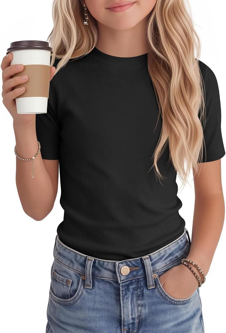 Oakgarden Girl T Shirts Kids Crewneck Top Tween Slim Fit Comfy Cute Blouse Basic Tees 5-14 Years Summer Clothes