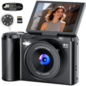 Digital Camera 4K for Photography Vlogging: 56MP Cameras with Mode Dial for Video - 16X Zoom Photo Camera Gifts for Teens Ages 8-16 - 180Flip Screen Compact Camera - Point and Shoot Digital Cameras