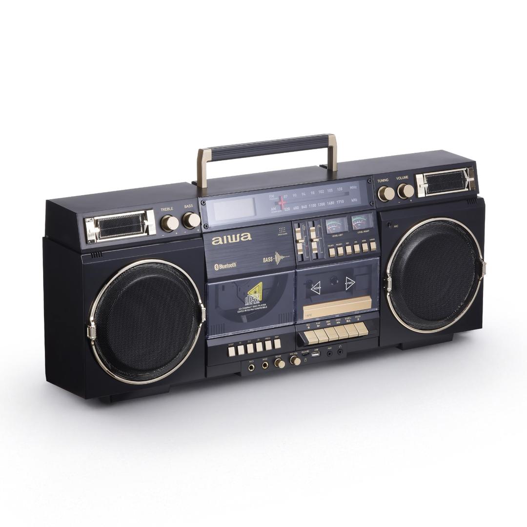 aiwa Retro Boombox BackTrack CD Player with Cassette Recording, Bluetooth 5.0, FM/AM Radio, USB/SD/AUX Inputs, VU Meters, LCD Display, Dual 40W Speakers (Black and Gold)
