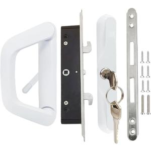 Sliding Patio Door Handle with Mortise Lock and keys, Key Cylinder and Keeper, 4-15/16" Hole Spacing, Reversible Design(Non-Handed), 4 15/16 Glass Door Replacement Handle Lock, Need to Drill (White)