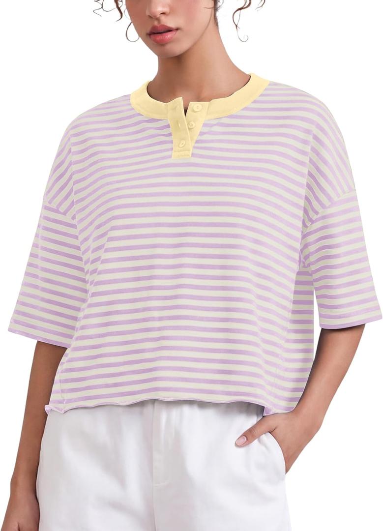 Meladyan Women's Stripes Henley T Shirts Cropped Boxy Tees Oversized Crewneck Short Sleeve T-Shirt Roll Hem Summer Tops (Pink, S)