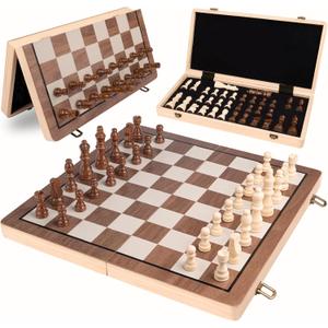 Amazing Pride 15.5" Wooden Chess Set, Magnetic Chess Board for Adults & Kids, Foldable Travel Chess Set with 2 Extra Queen Pieces, Chess Sets for Adults