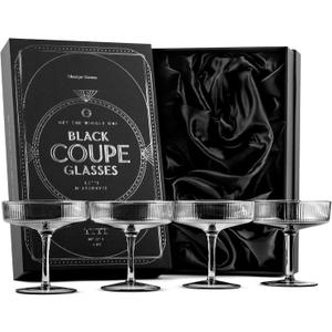 GLASSIQUE CADEAU Vintage Art Deco Smoke Black Coupe Glasses | Set of 4 | 7 oz Ribbed Cocktail Glassware for Drinking Champagne, Martini, Cosmopolitan, Manhattan | Crystal Speakeasy Saucers