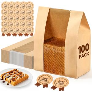 AOZITA 100 Pack Paper Bread Bags for Homemade, Bread Bags with Window for Sourdough Bread Storage, 13.7x8.3x3.5 Inch, Includes Seal Stickers