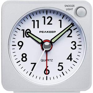 Peakeep Ultra Small, Battery Travel Alarm Clock with Snooze and Light, Silent with No Ticking Analog Quartz (White)