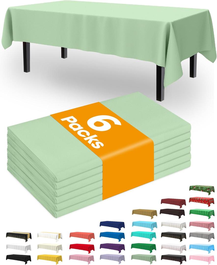 Pureegg Plastic Tablecloth Disposable 6 Pack, 54 x 108 Inch Table Cloths, Easter Party, Decorative Tablecloths, Rectangle, Light, Pastel Plastic Cover, Waterproof, Sage Green