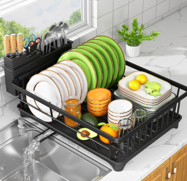 Kmiectse Dish Drying Rack  SpaceSaving Small Dish Rack for Kitchen Counter, RustResistant Kitchen Drying Rack, Compact Dish Drainer Organizer with Utensil Holder for Home Kitchen, Black